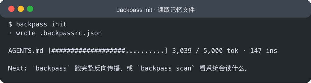 backpass init:写入配置并读到记忆文件的预算条